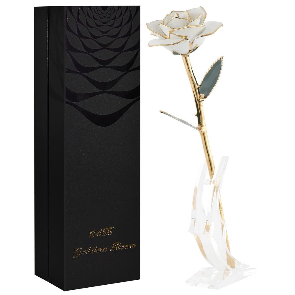 9898 White Gold Rose Gifts Wife,24k Gold Dipped Real Rose Lasted Forever - Picture 1 of 8